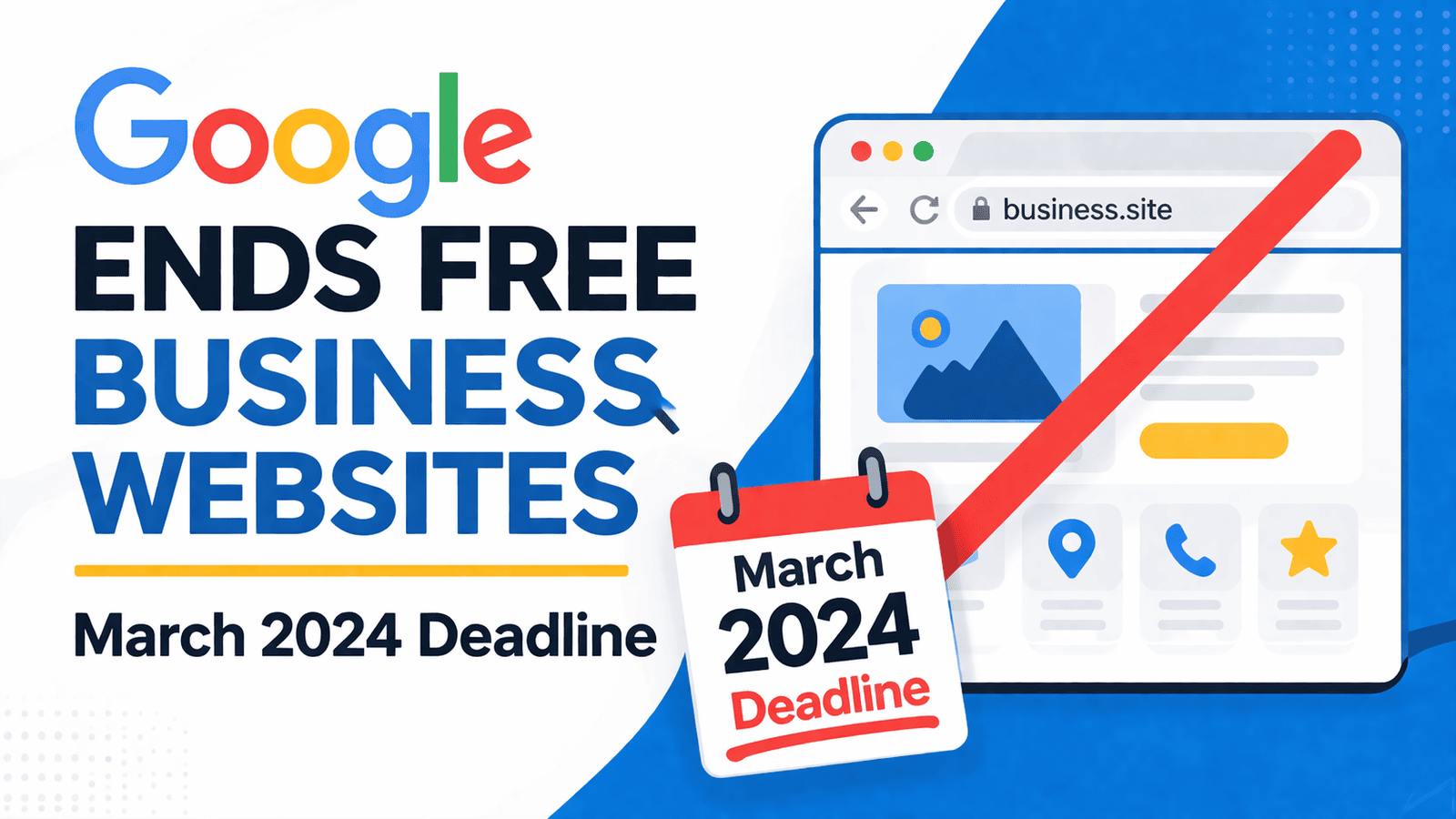 Graphic showing Google ending free business websites, with a March 2024 deadline notice and a crossed-out business.site web page.