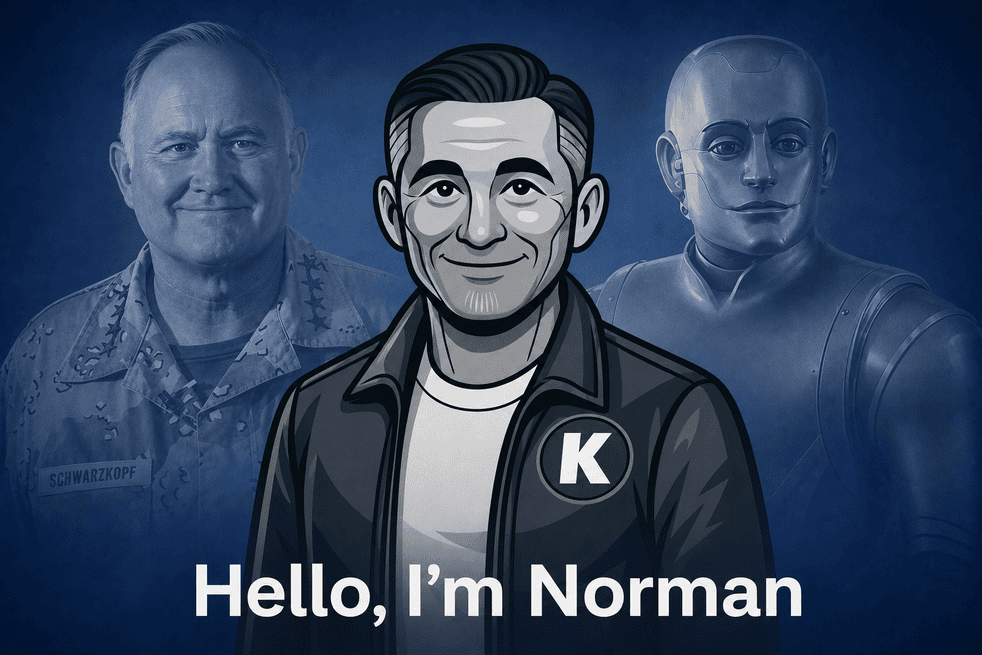 Norman Schwartzbot avatar standing in front of subtle faded portraits of General H. Norman Schwarzkopf and Andrew Martin, showing the strategic and human qualities behind the character.