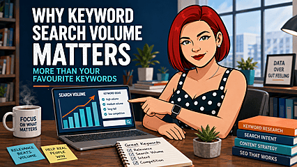 Avatar of Dee pointing at a monitor with keyword rank graph
