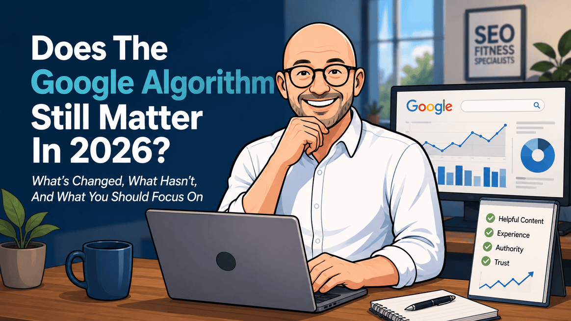Michael’s avatar seated at a desk with a laptop, abstract search and analytics screens, and the article title about the Google algorithm in 2026.