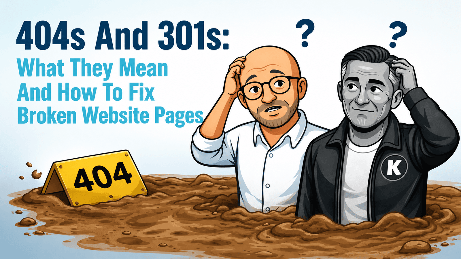 Michael and Norman stuck in 404 quicksand beside a warning sign, with the article title shown clearly on the left.