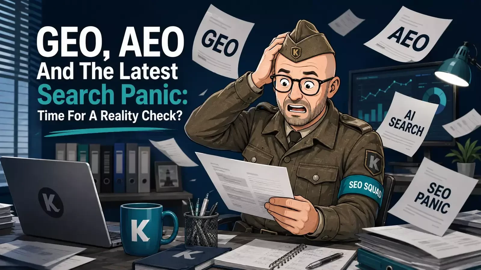 Michael in a vintage Home Guard-style uniform looking flustered in a chaotic SEO strategy room with papers flying around him.