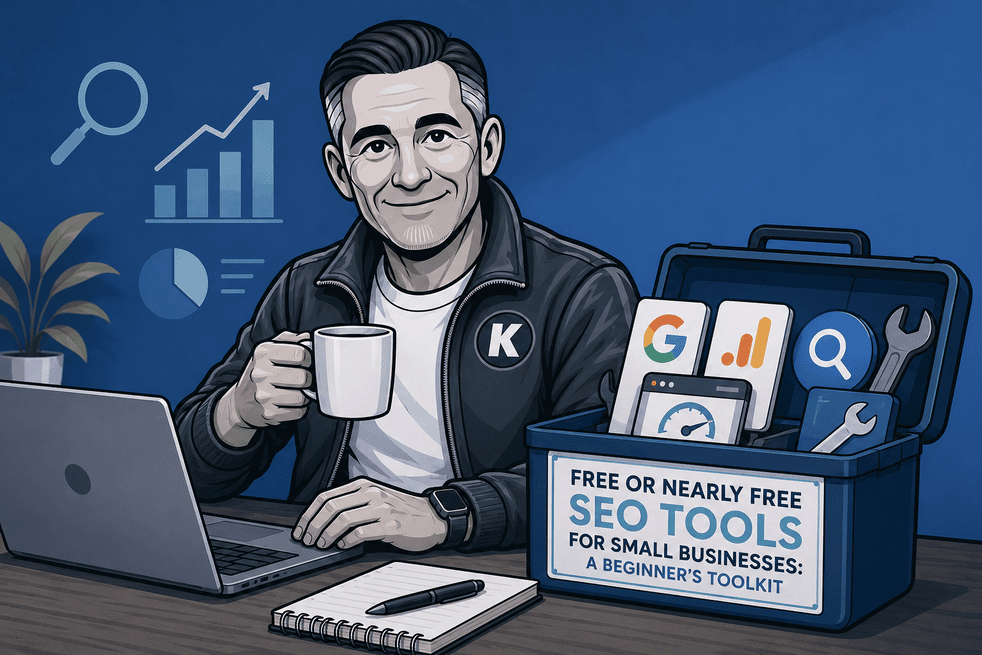 Norman sitting at a desk with a laptop and a toolkit of SEO tools beside the article title.