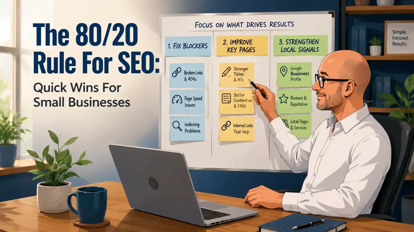 Michael reviewing a simple SEO priority board in a clean office, showing the 80/20 approach to fixing blockers, improving key pages, and strengthening local visibility.