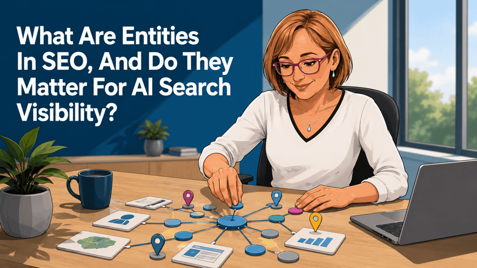 Teri arranging a clean abstract network map at a desk beside the article title about SEO entities and AI search visibility