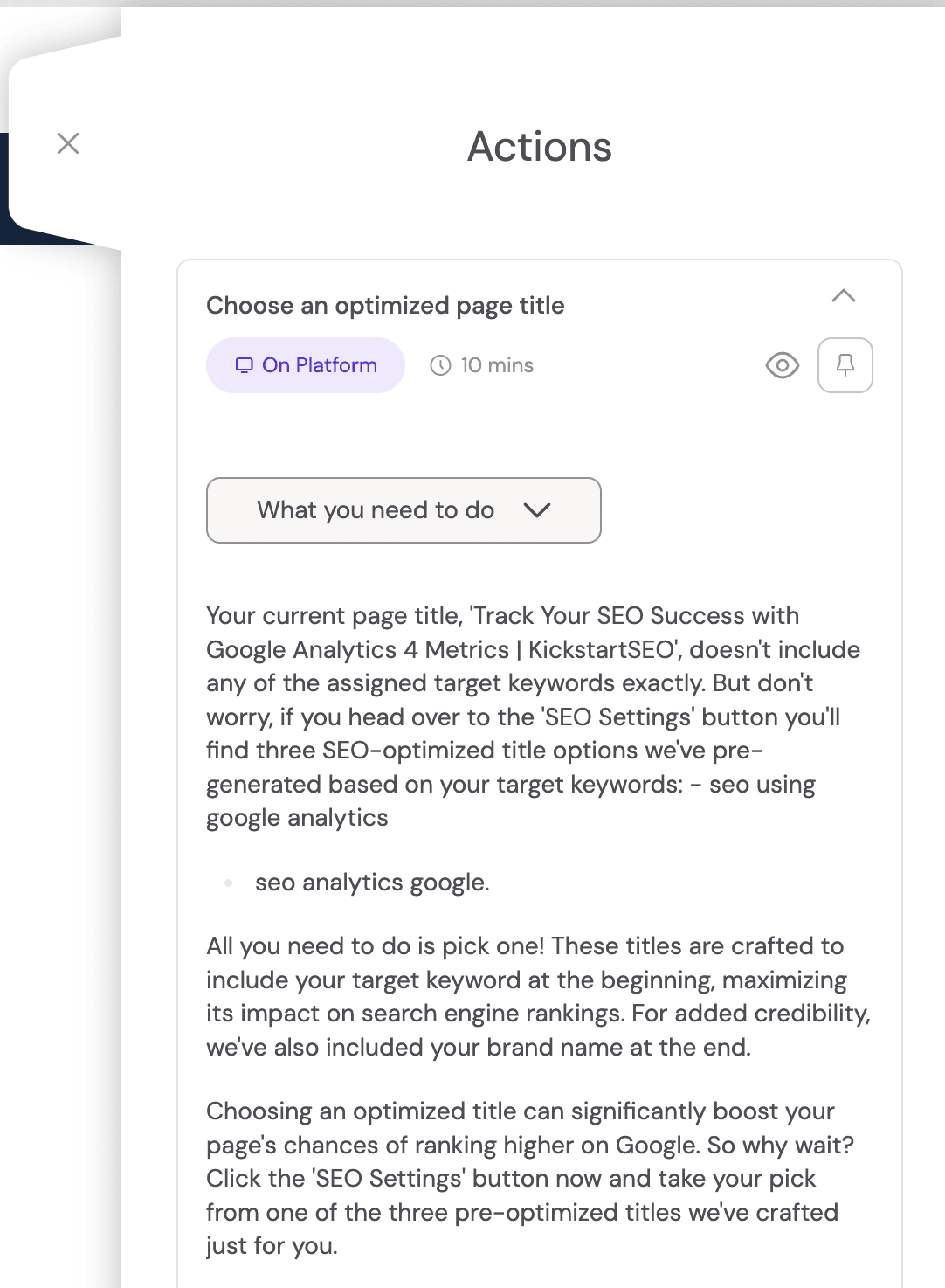 The Onsite Optimizer recommendation panel explaining what needs to be done for a page title.