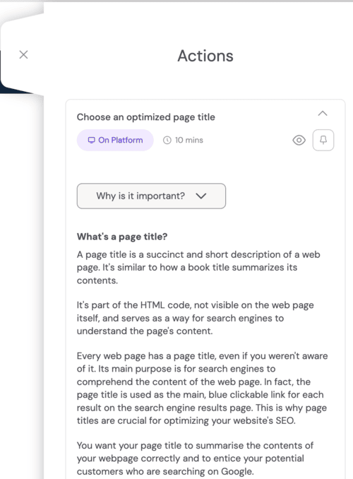 The Onsite Optimizer panel explaining why an SEO page title matters.