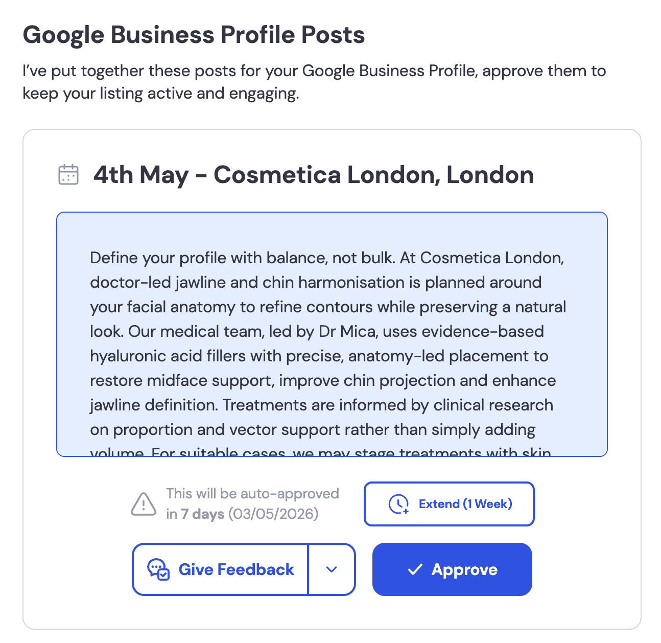 Proposed Google Business Profile Post in the Optmiser AI Approval Center