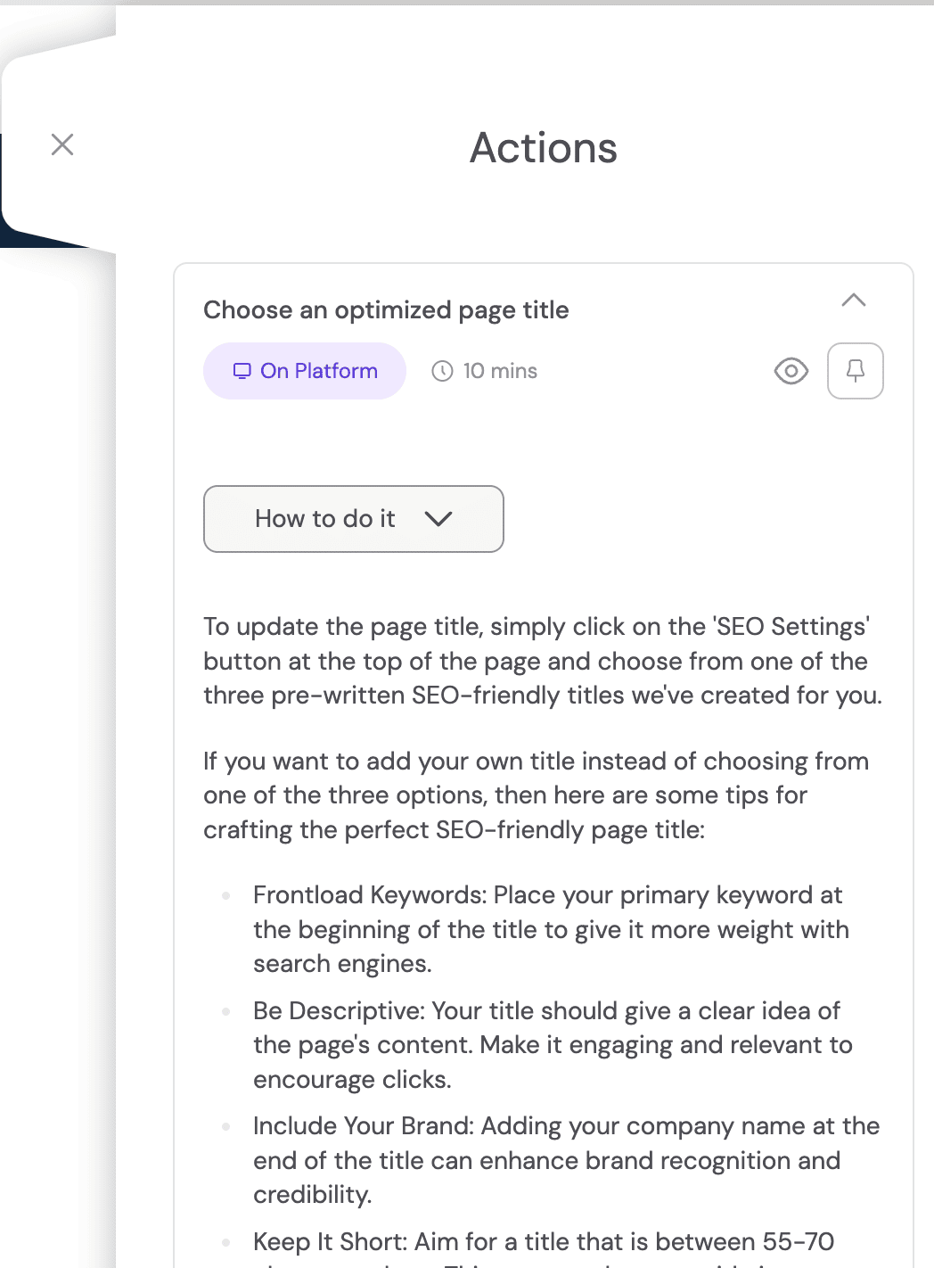 The Onsite Optimizer panel showing how to complete an SEO page title action.