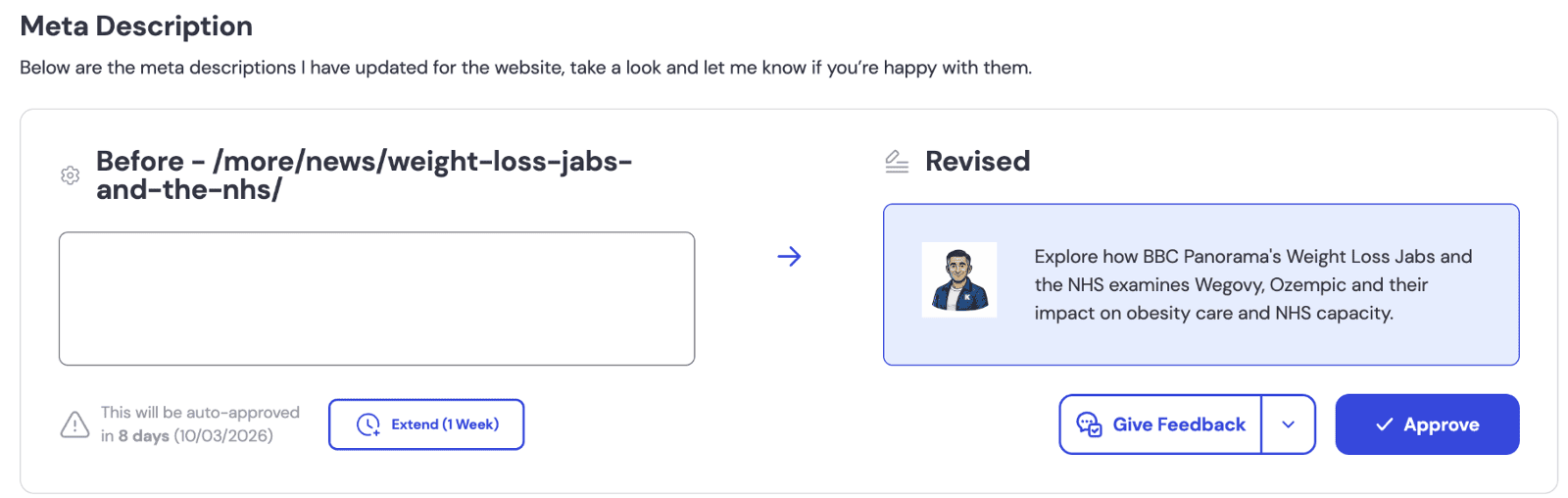 Metadescription suggestions in the Optimiser AI Approval Center