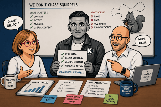Illustration of Teri, Norman and Michael in a strategy meeting, ignoring a squirrel distraction while focusing on real data, clear priorities and useful SEO work.