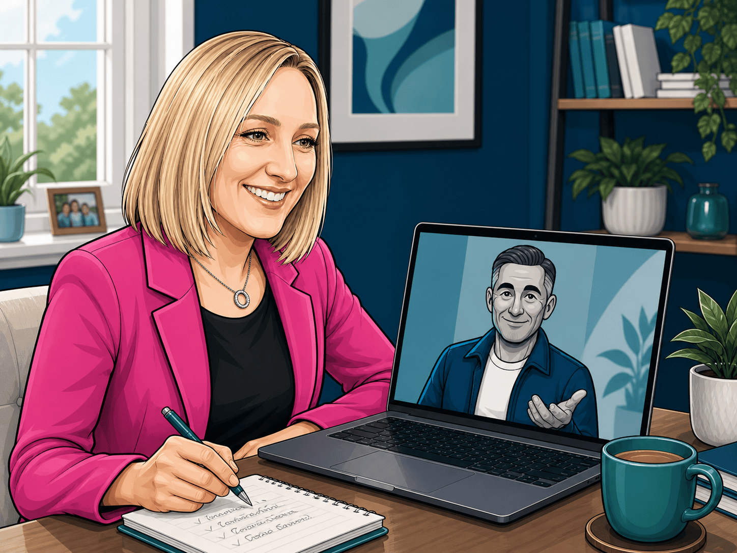 Illustration of a business owner using Optimiser AI on a laptop with Norman visible on screen, supporting SEO work while the client stays in control.