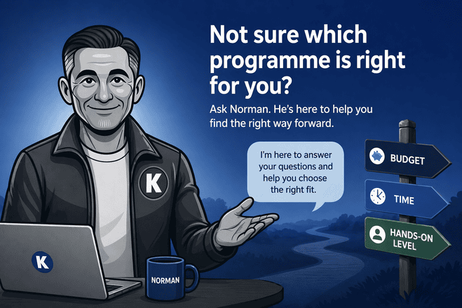Norman, KickstartSEO’s AI-powered SEO strategist, sits at a desk beside a laptop and signpost, ready to help visitors choose the right SEO programme based on budget, time, and hands-on involvement.