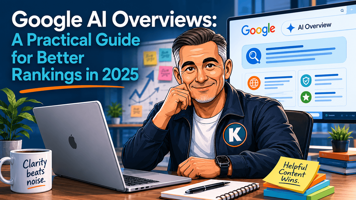 Norman illustrated avatar sitting at a desk with a laptop, reviewing a Google AI Overview style search screen in a modern office.