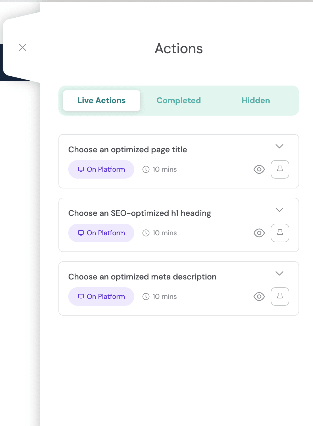 The Onsite Optimizer actions panel showing three live SEO actions for a selected page.