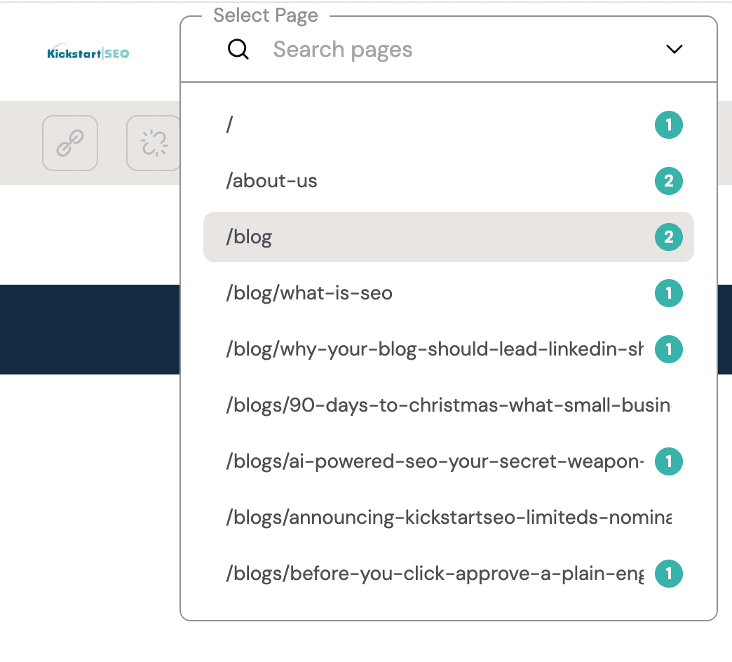 The Onsite Optimizer page selector showing website pages with numbered action markers.