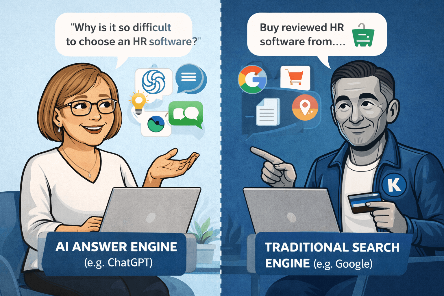 Illustration showing Teri and Norman avatars side by side, contrasting AI answer engines that help users think with traditional search engines that support buying decisions.