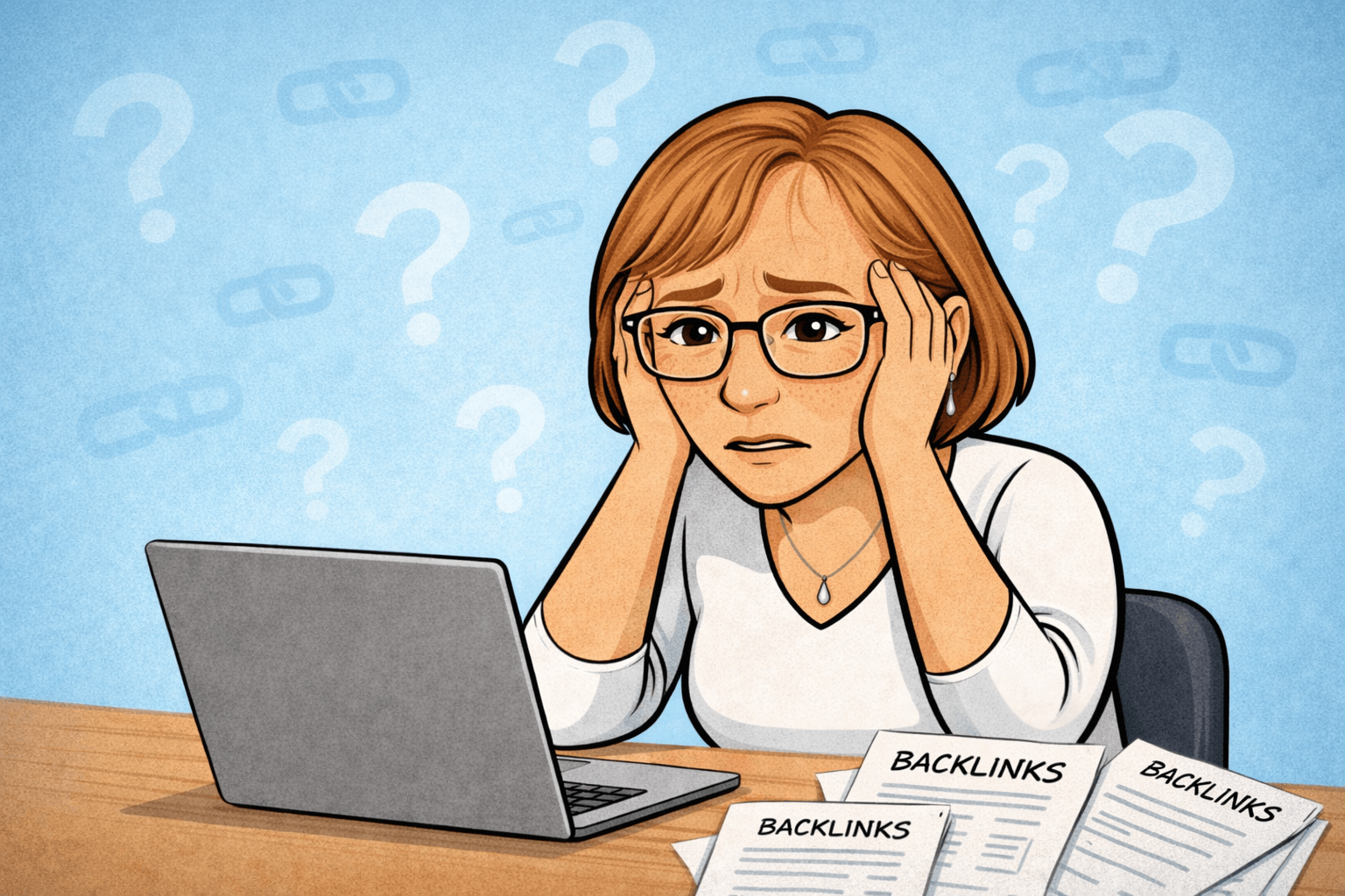 Illustration of Teri looking frustrated at her desk, surrounded by backlink reports and question marks, reflecting the confusion many DIY SEO users feel when deciding which backlinks to keep or disavow.